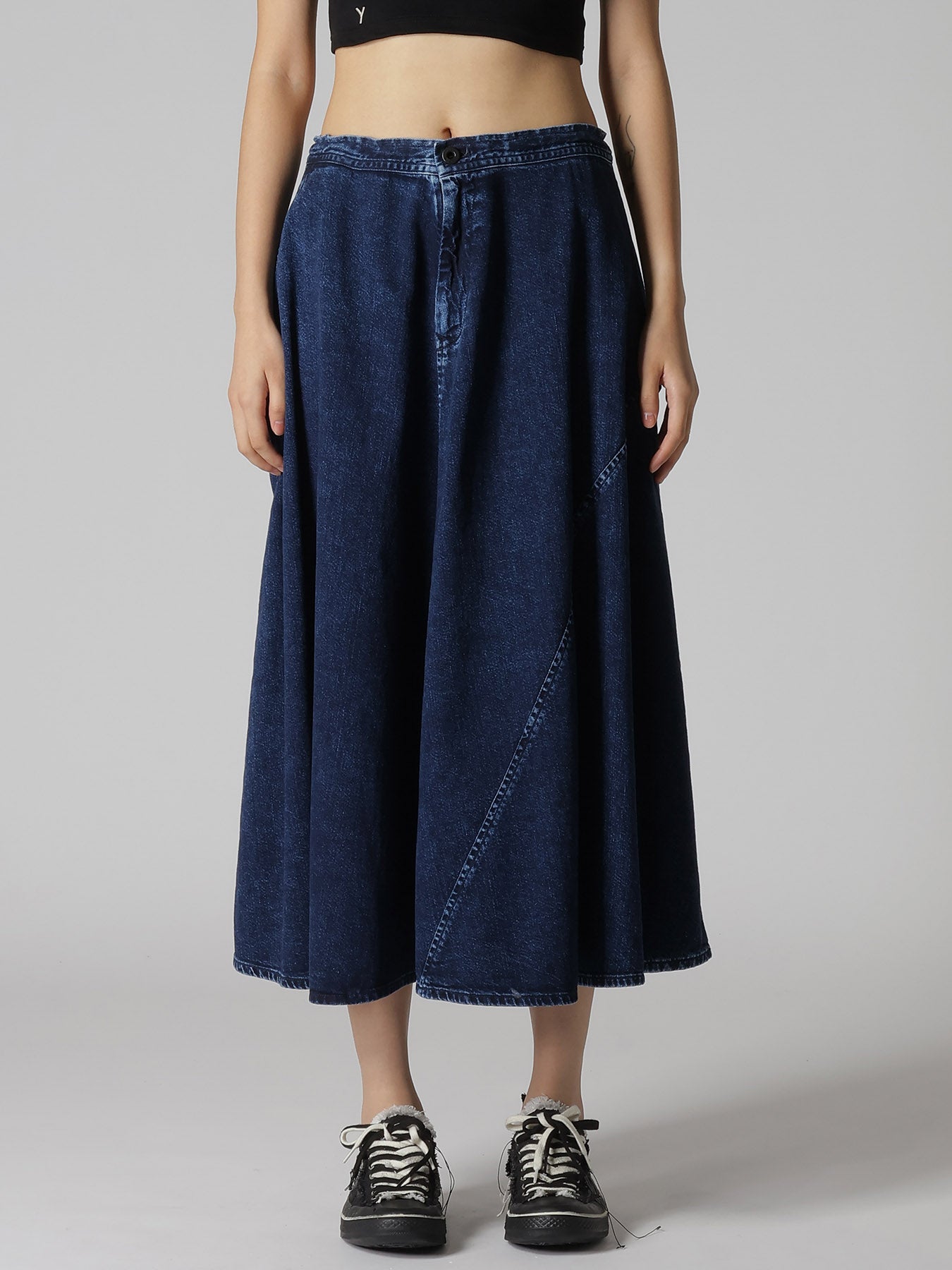 8OZ DENIM CHEMICAL WASH POCKET FLARE SKIRT