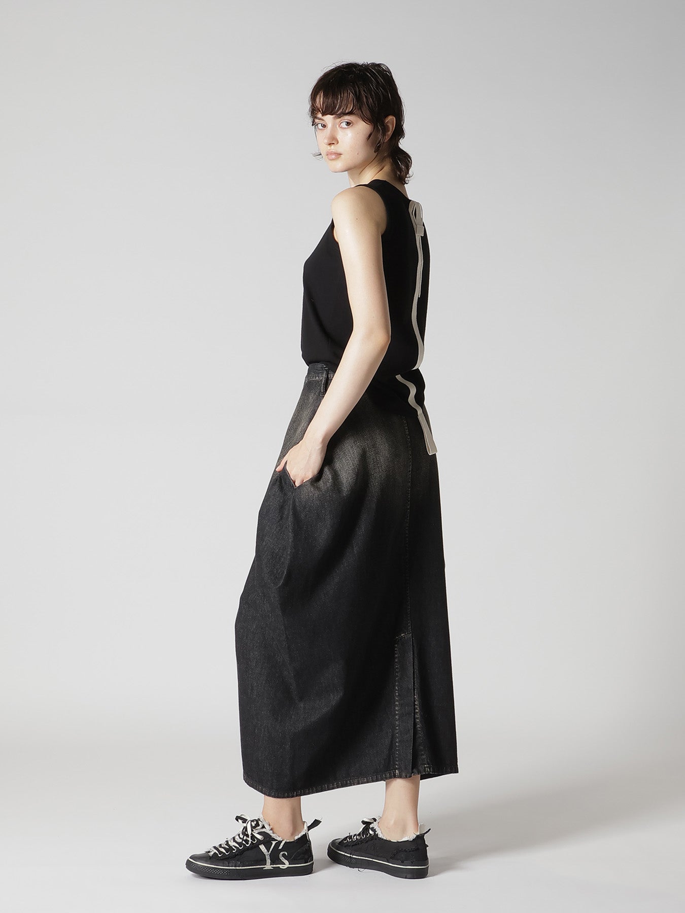 8OZ SPOTTED DENIM SIDE DRAPE SKIRT – THE SHOP YOHJI YAMAMOTO
