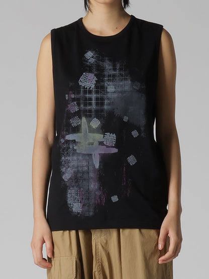 COTTON JERSEY PLAID PRINT SLEEVELESS PRINT TEE