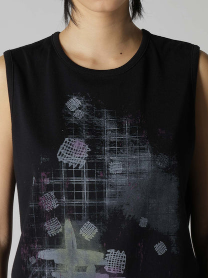 COTTON JERSEY PLAID PRINT SLEEVELESS PRINT TEE