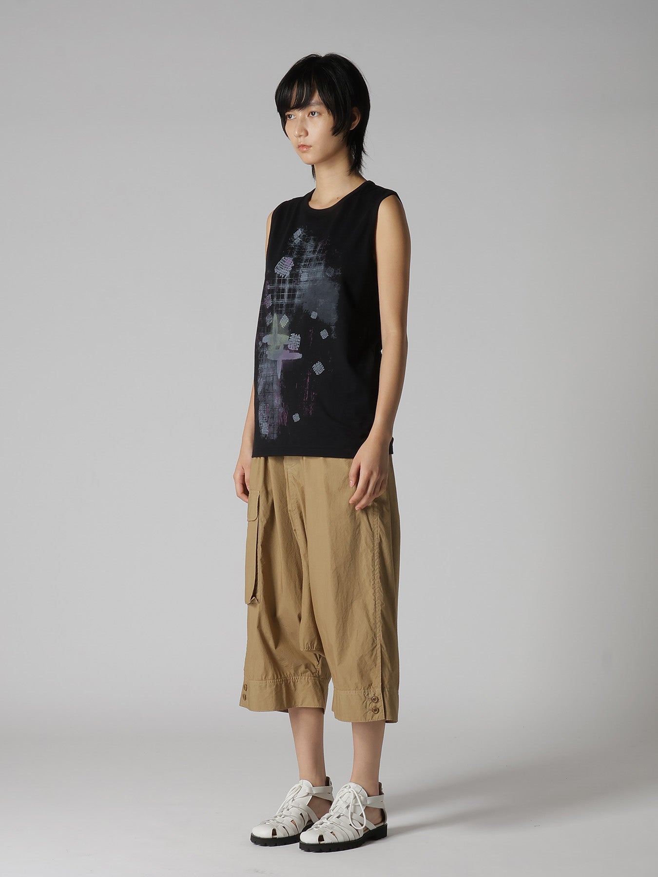 COTTON JERSEY PLAID PRINT SLEEVELESS PRINT TEE