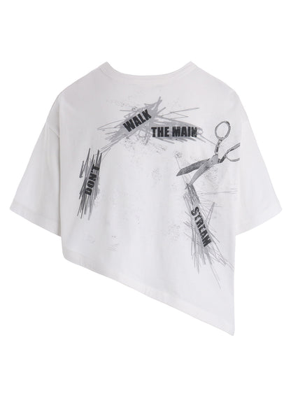 COTTON JERSEY MESSAGE PRINT ASYMMETRIC SHORT SLEEVE TEE