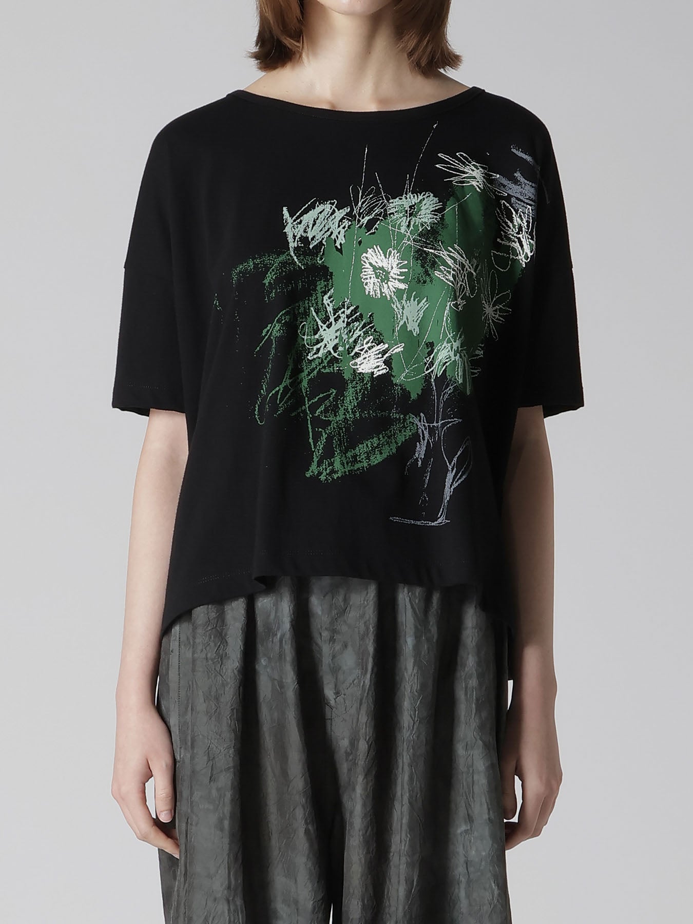 COTTON JERSEY FLOWER PRINT ROUND NECK LOOSE TEE