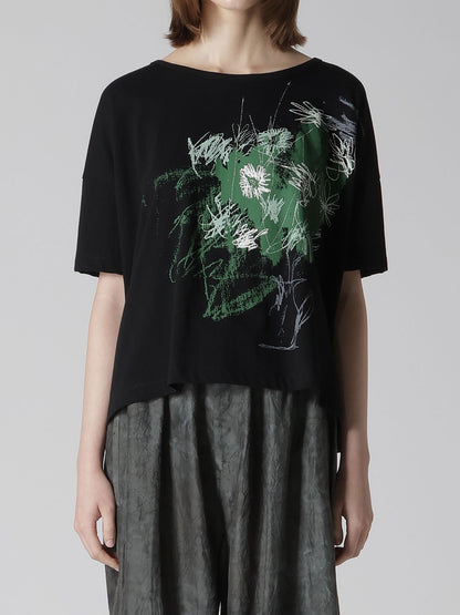 COTTON JERSEY FLOWER PRINT ROUND NECK LOOSE TEE