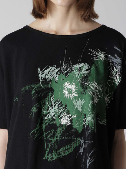 COTTON JERSEY FLOWER PRINT ROUND NECK LOOSE TEE