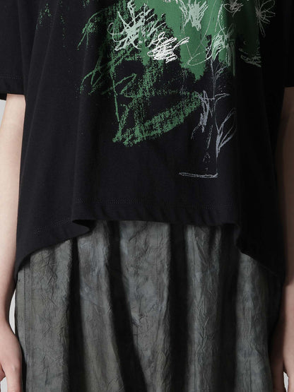 COTTON JERSEY FLOWER PRINT ROUND NECK LOOSE TEE