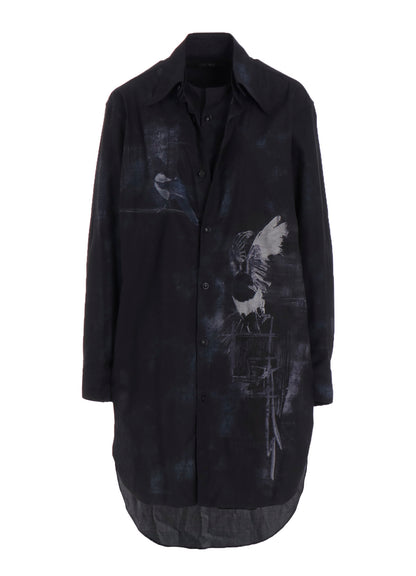BIRD PRINT DENIM DOUBLE FRONT SHIRT