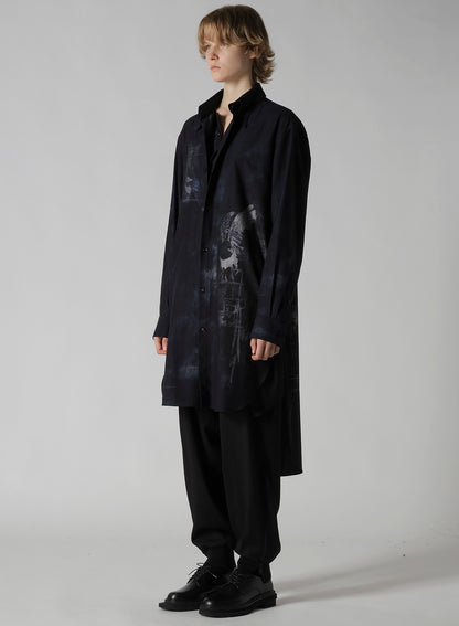 BIRD PRINT DENIM DOUBLE FRONT SHIRT