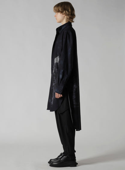 BIRD PRINT DENIM DOUBLE FRONT SHIRT