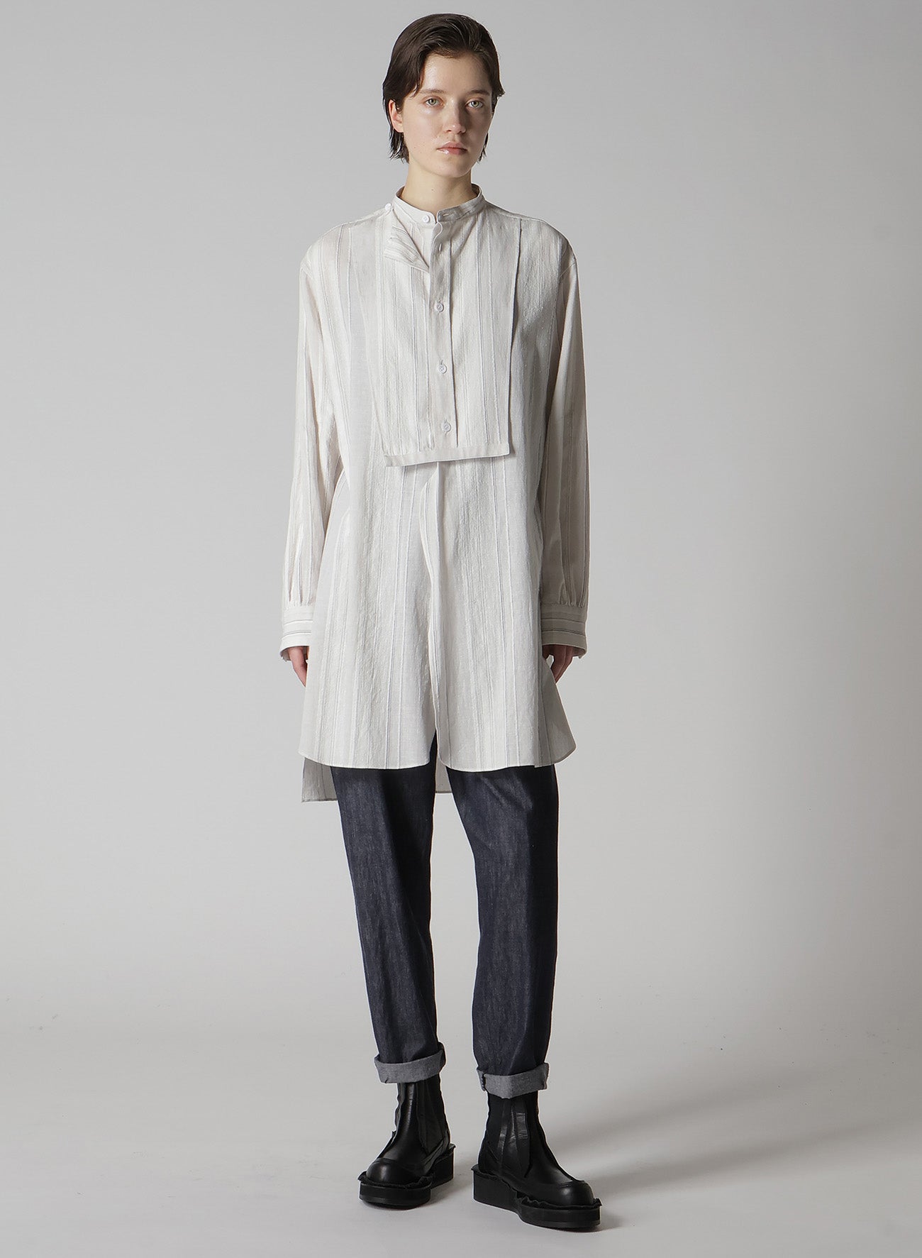 STRIPE SHRINK-FINISH FRONT CLOTH BLOUSE