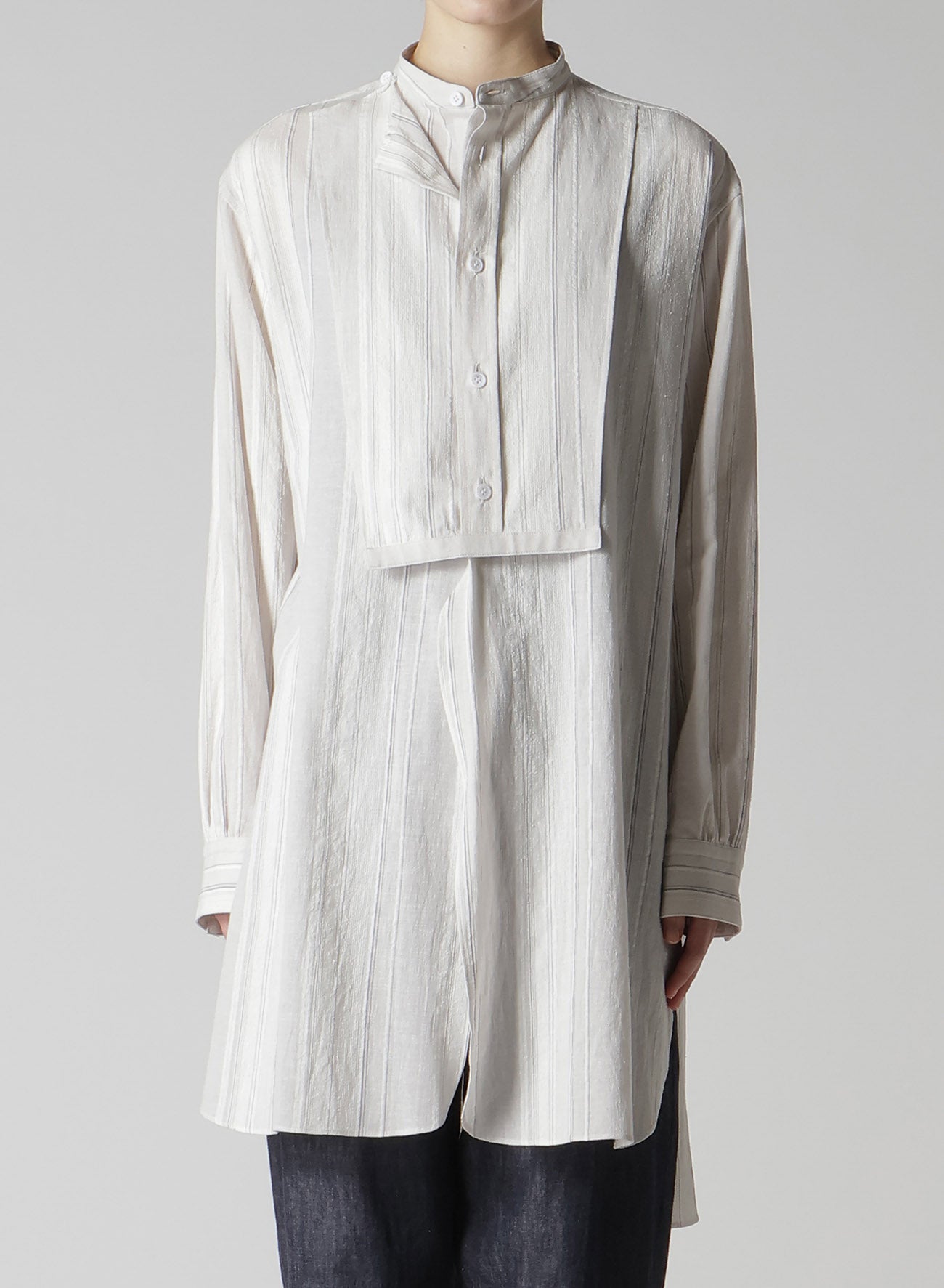 STRIPE SHRINK-FINISH FRONT CLOTH BLOUSE