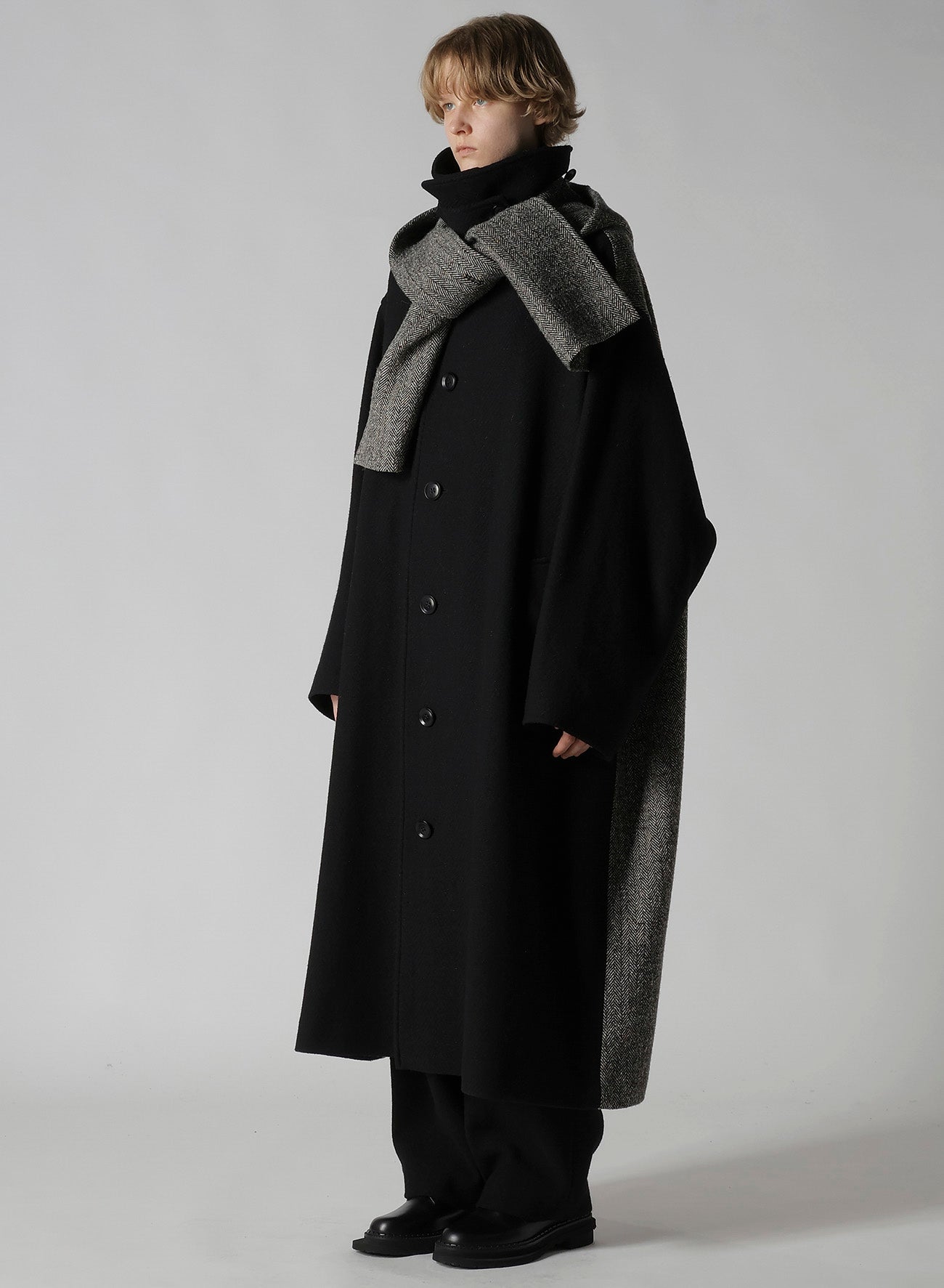 BIG HERRINGBONE DETACHABLE HOODIE COAT