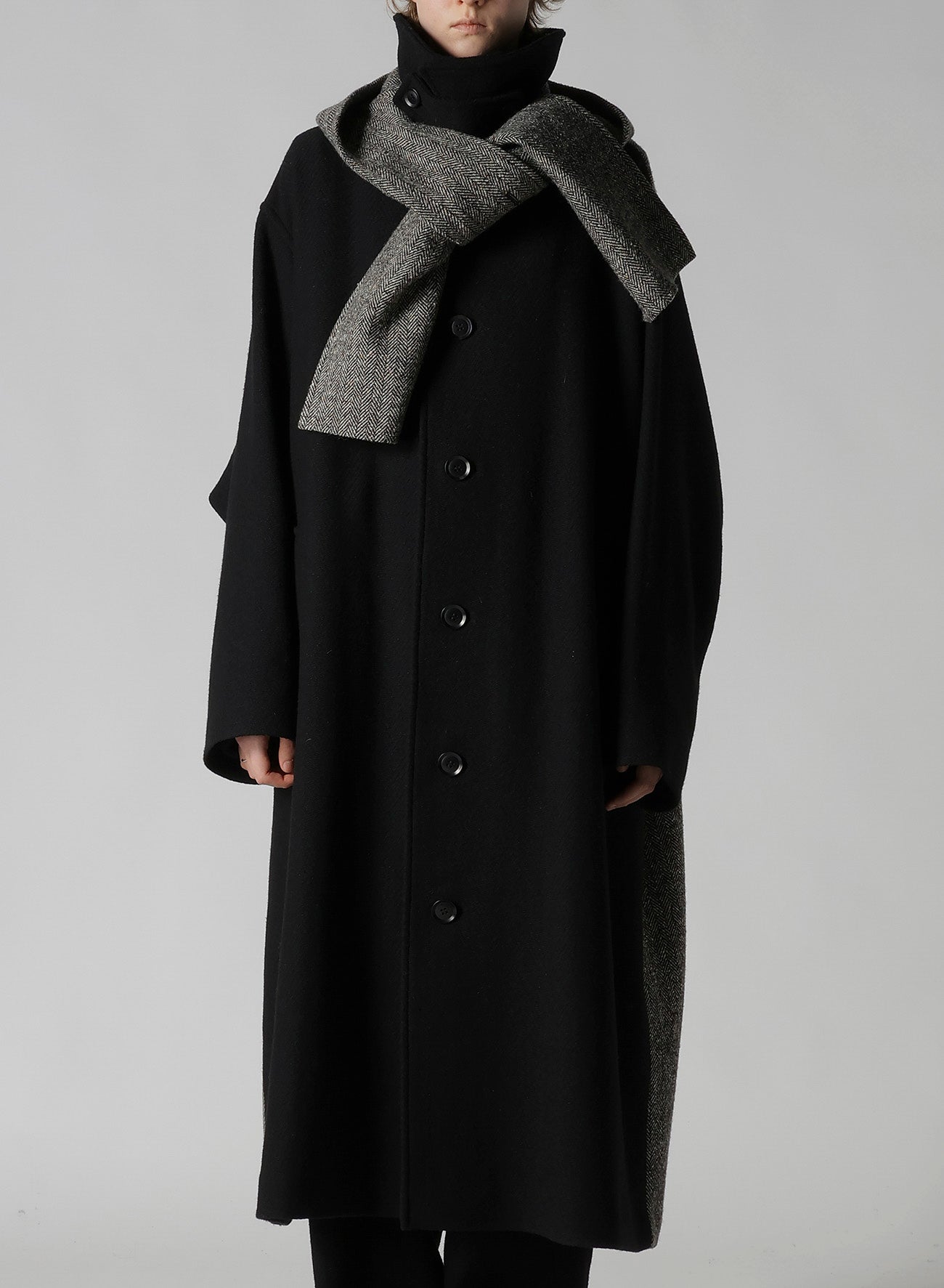 BIG HERRINGBONE DETACHABLE HOODIE COAT