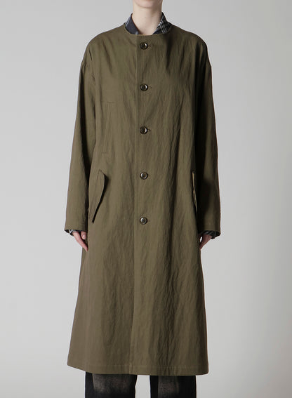 COTTON NYLON GABARDINE COLLARLESS COAT