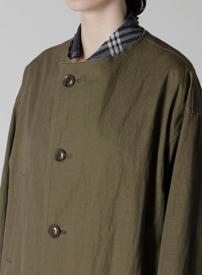 COTTON NYLON GABARDINE COLLARLESS COAT