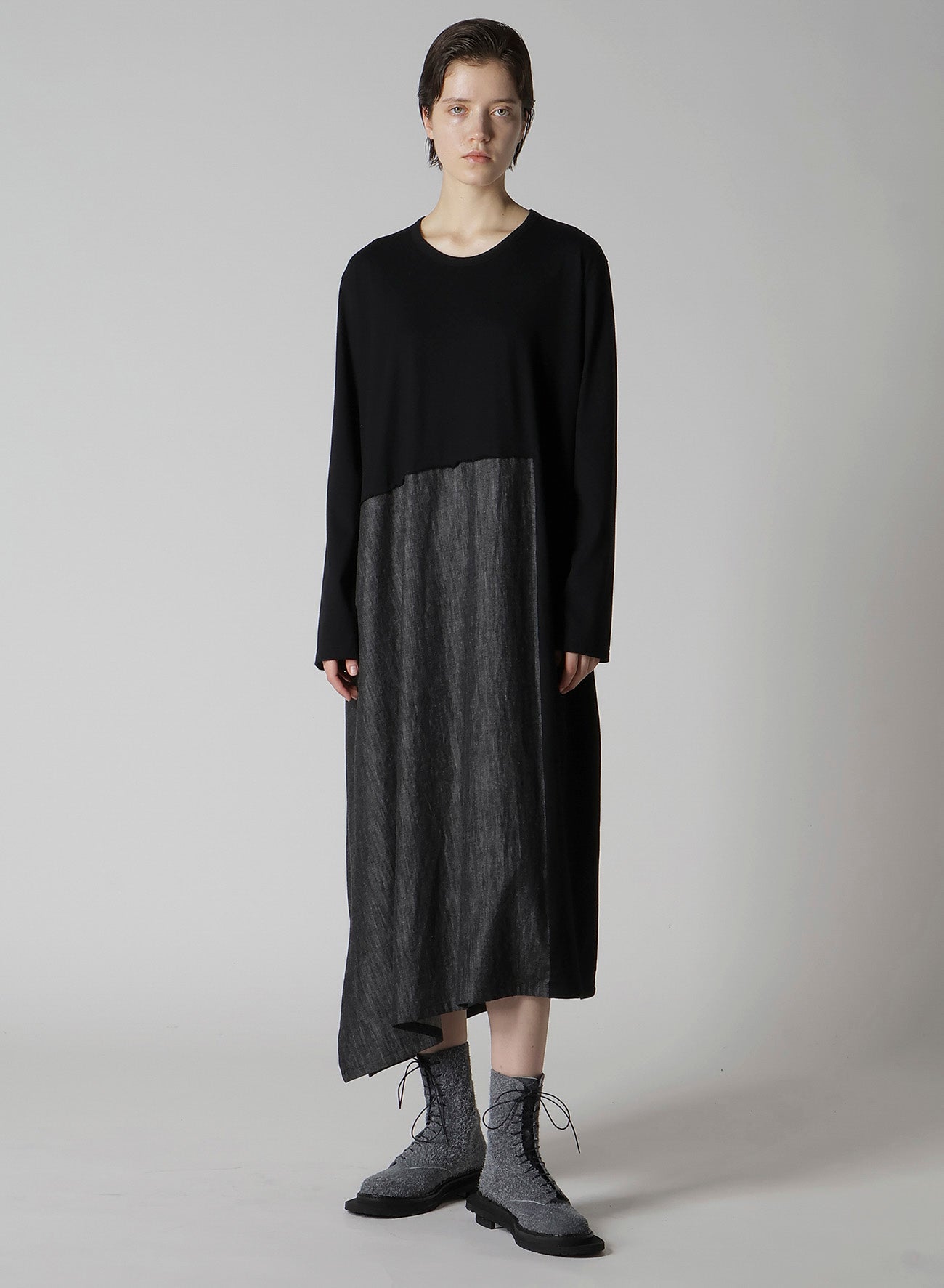 DENIM COMBINATION LONG SLEEVE DRESS