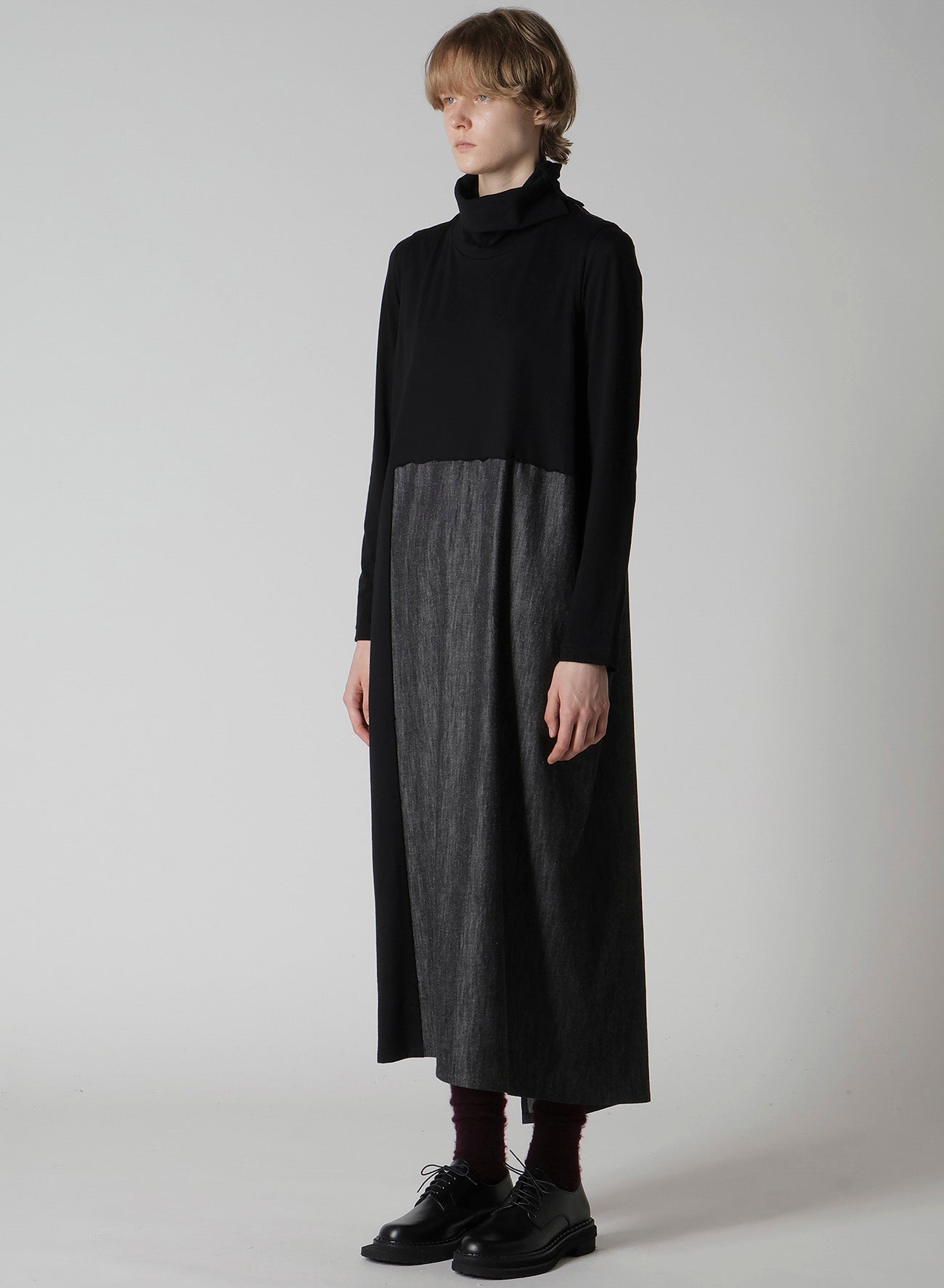 DENIM COMBINATION HIGH NECK DRESS
