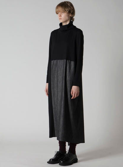 DENIM COMBINATION HIGH NECK DRESS