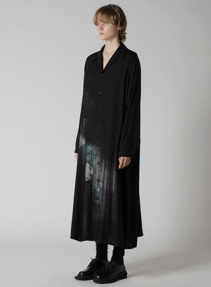 MESSAGE-PRINT DUNGAREE TWILL OPEN COLLAR SHIRT DRESS