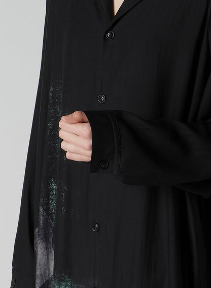 MESSAGE-PRINT DUNGAREE TWILL OPEN COLLAR SHIRT DRESS