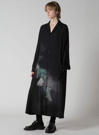MESSAGE-PRINT DUNGAREE TWILL OPEN COLLAR SHIRT DRESS