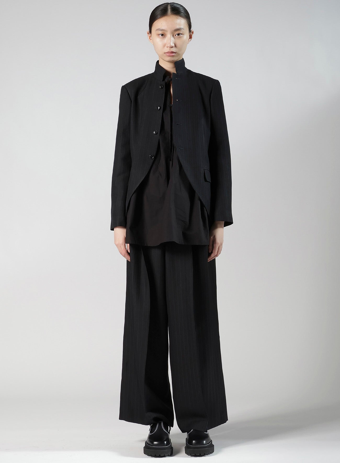 VISCOSE TWEED STRIPE STAND COLLAR JACKET