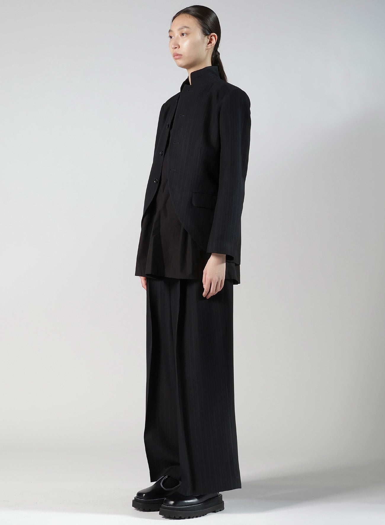 VISCOSE TWEED STRIPE STAND COLLAR JACKET
