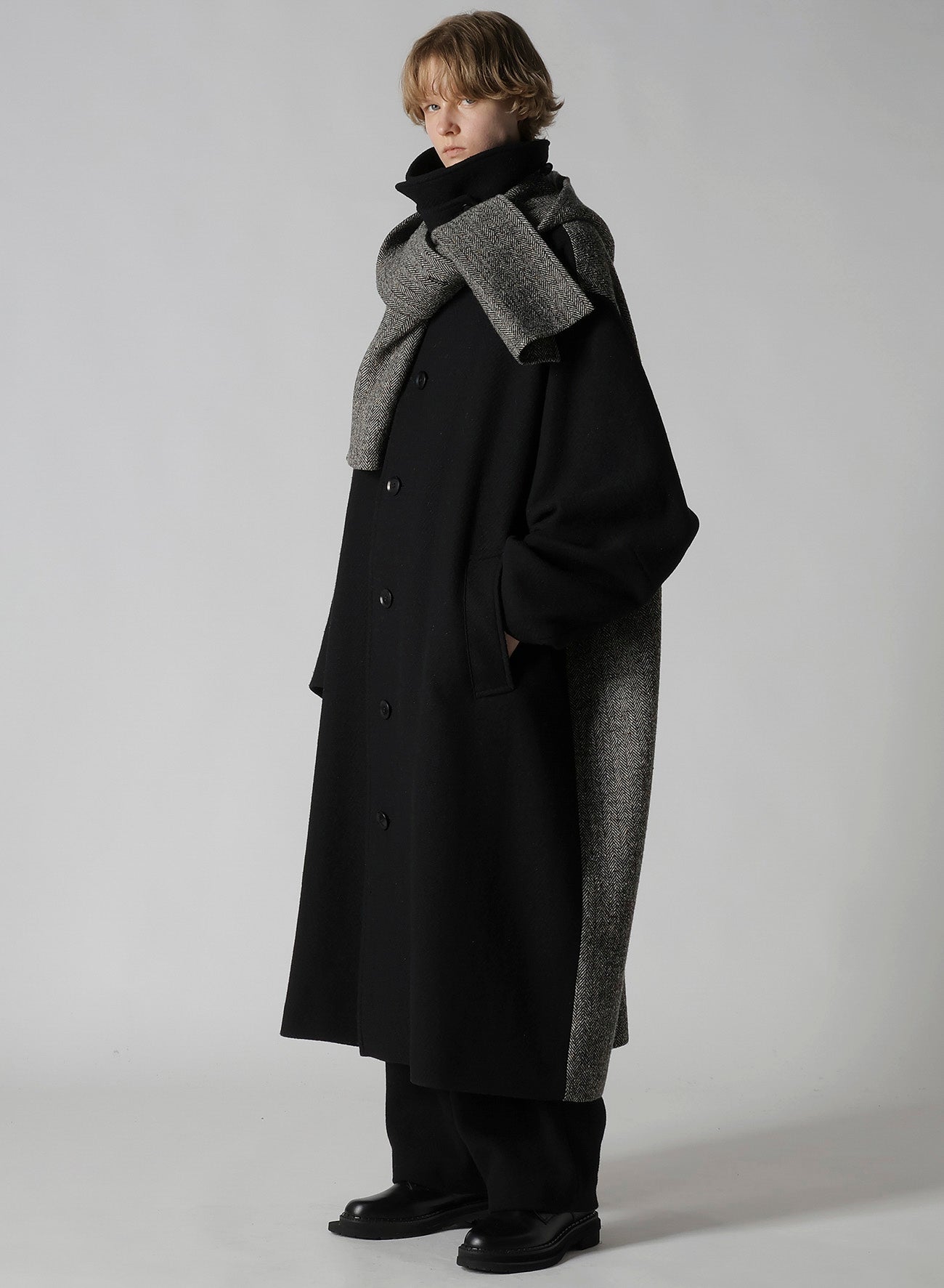 BIG HERRINGBONE DOUBLE TUCK WIDE PANTS