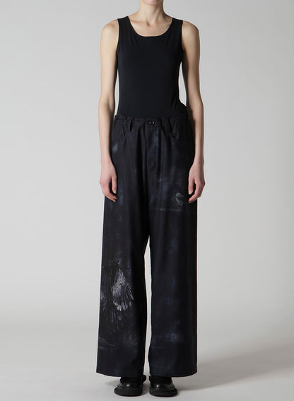 BIRD PRINT DENIM LONG STRAIGHT PANTS