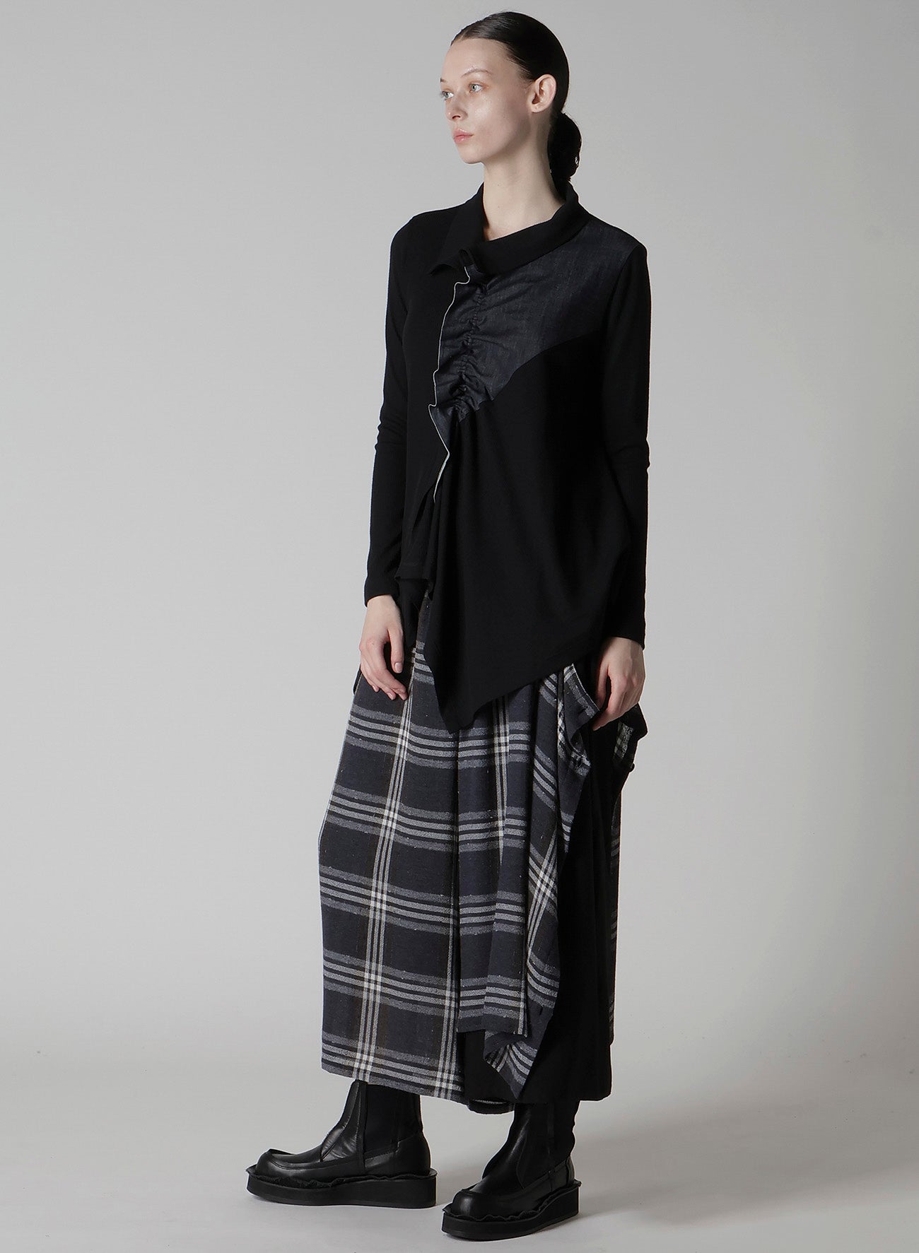GAUZE PLAID LEFT DOUBLE BUTTON OPEN PANTS