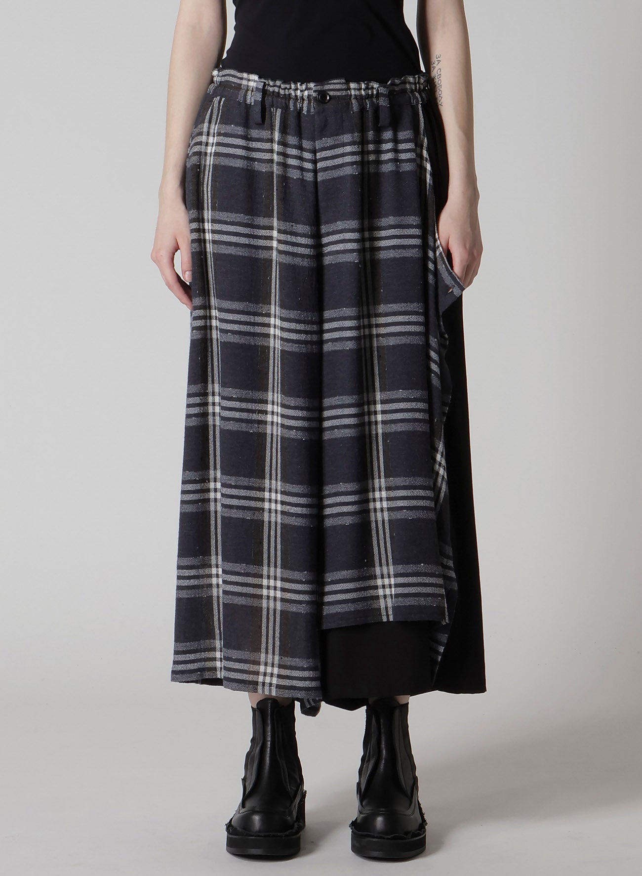 GAUZE PLAID LEFT DOUBLE BUTTON OPEN PANTS