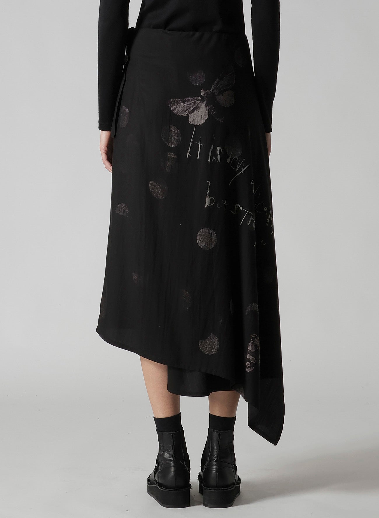BUTTERFLY-PRINT DUNGAREE TWILL ASYMMETRIC MIDI SKIRT