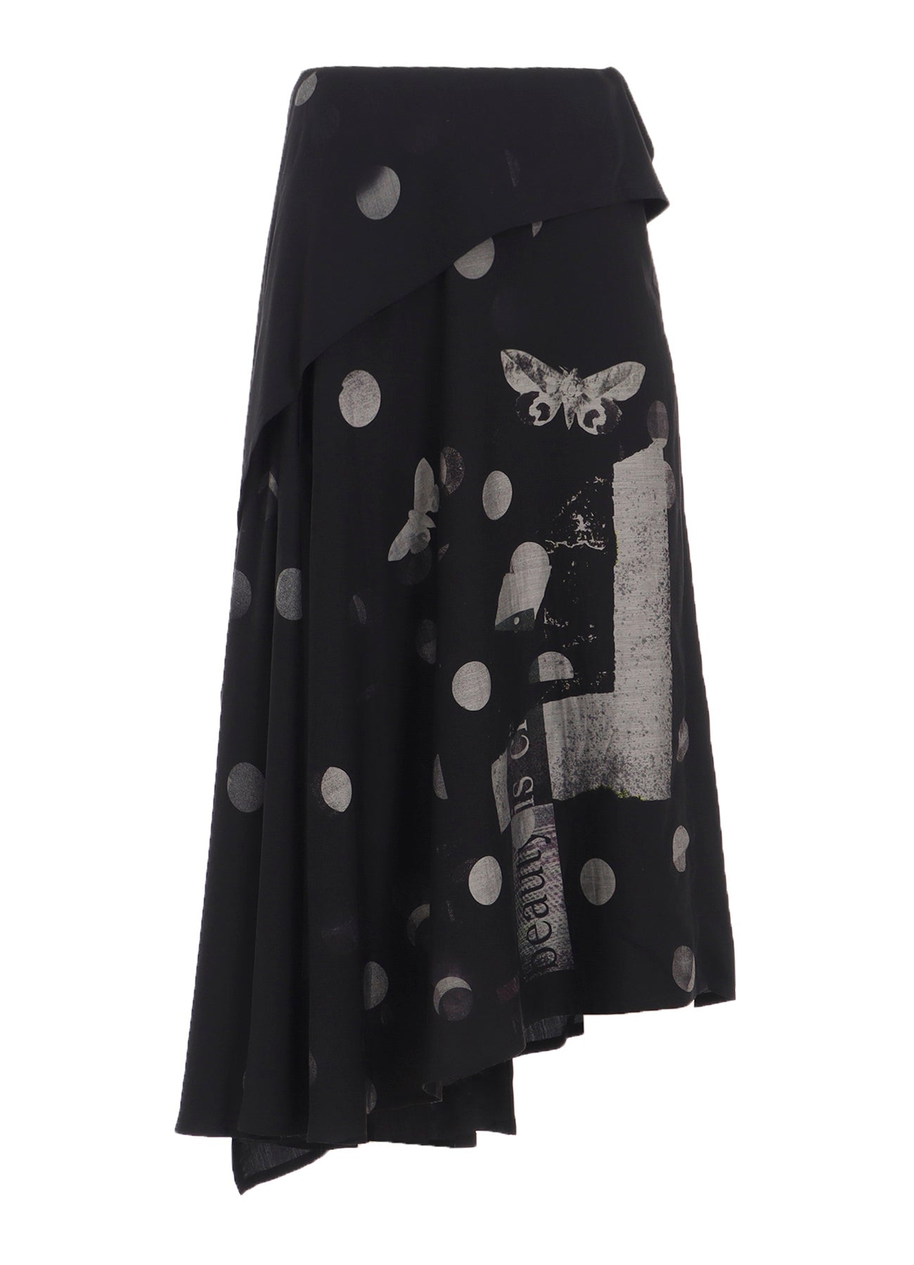 BUTTERFLY-PRINT DUNGAREE TWILL ASYMMETRIC LONG SKIRT