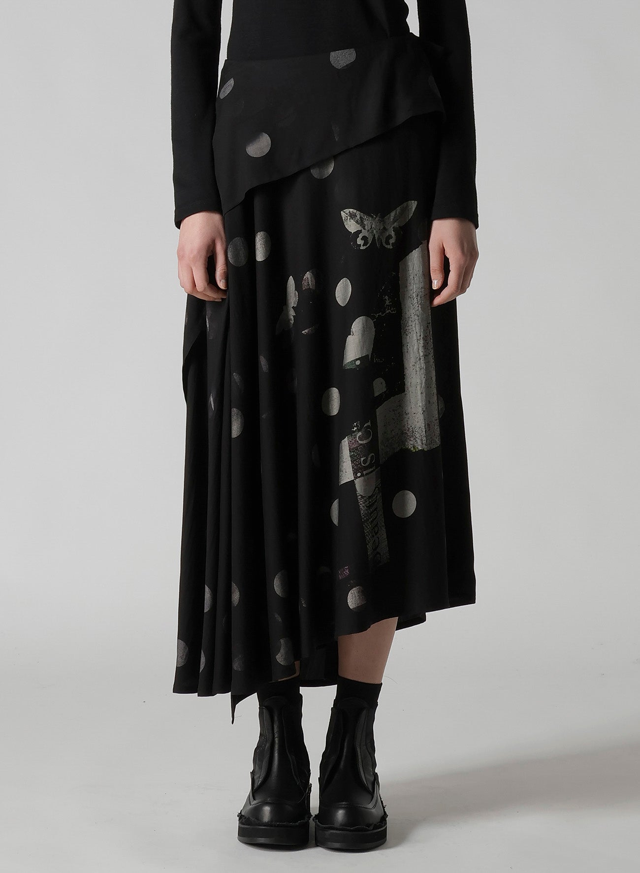 BUTTERFLY-PRINT DUNGAREE TWILL ASYMMETRIC LONG SKIRT