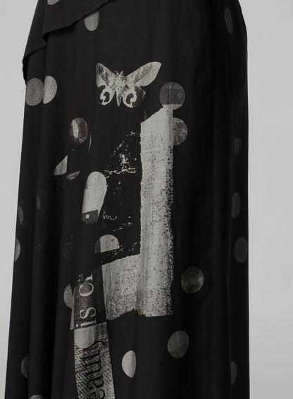 BUTTERFLY-PRINT DUNGAREE TWILL ASYMMETRIC LONG SKIRT