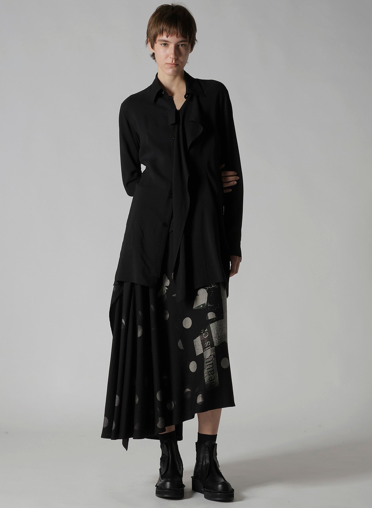 BUTTERFLY-PRINT DUNGAREE TWILL ASYMMETRIC LONG SKIRT