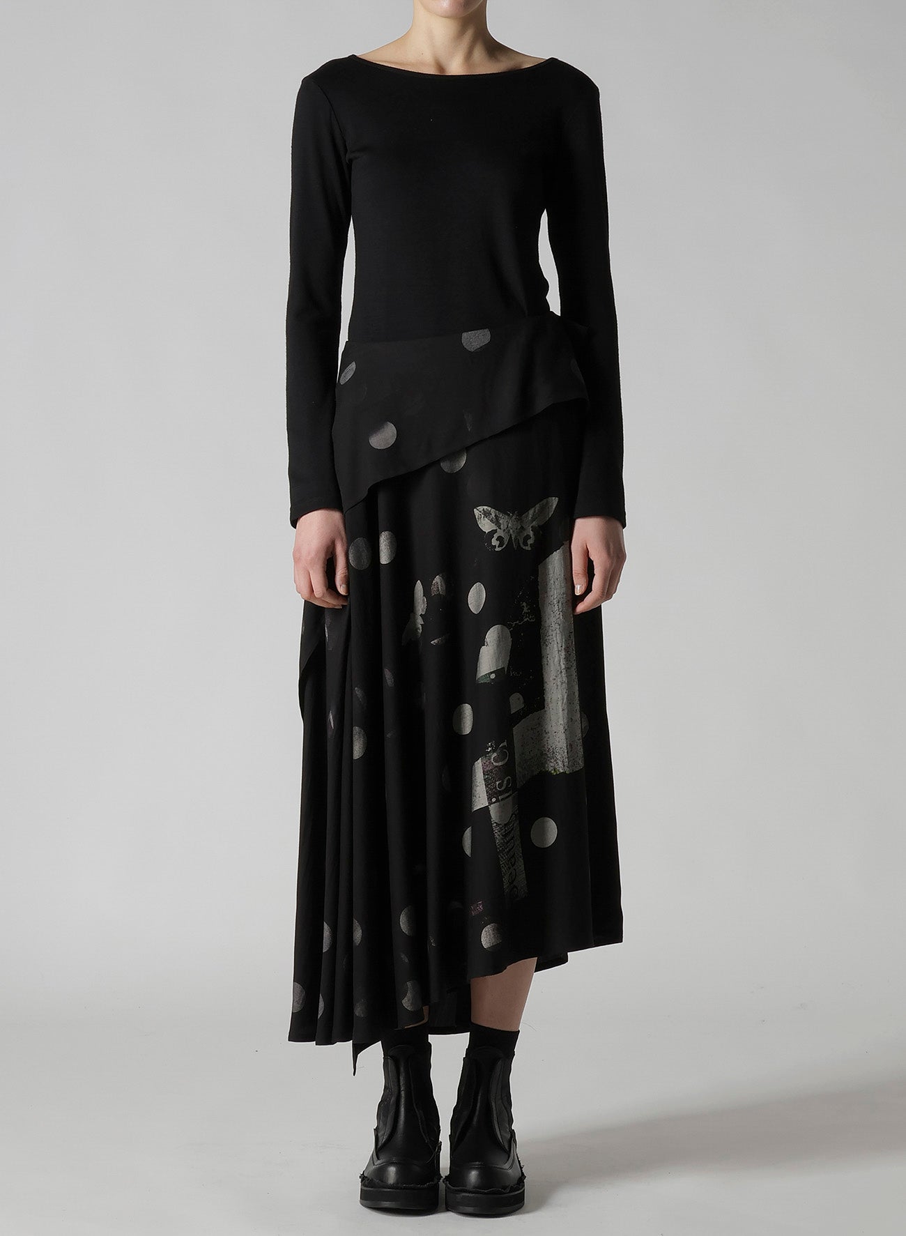 BUTTERFLY-PRINT DUNGAREE TWILL ASYMMETRIC LONG SKIRT