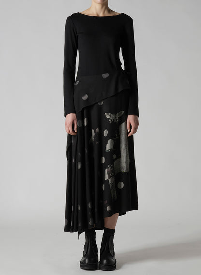 BUTTERFLY-PRINT DUNGAREE TWILL ASYMMETRIC LONG SKIRT