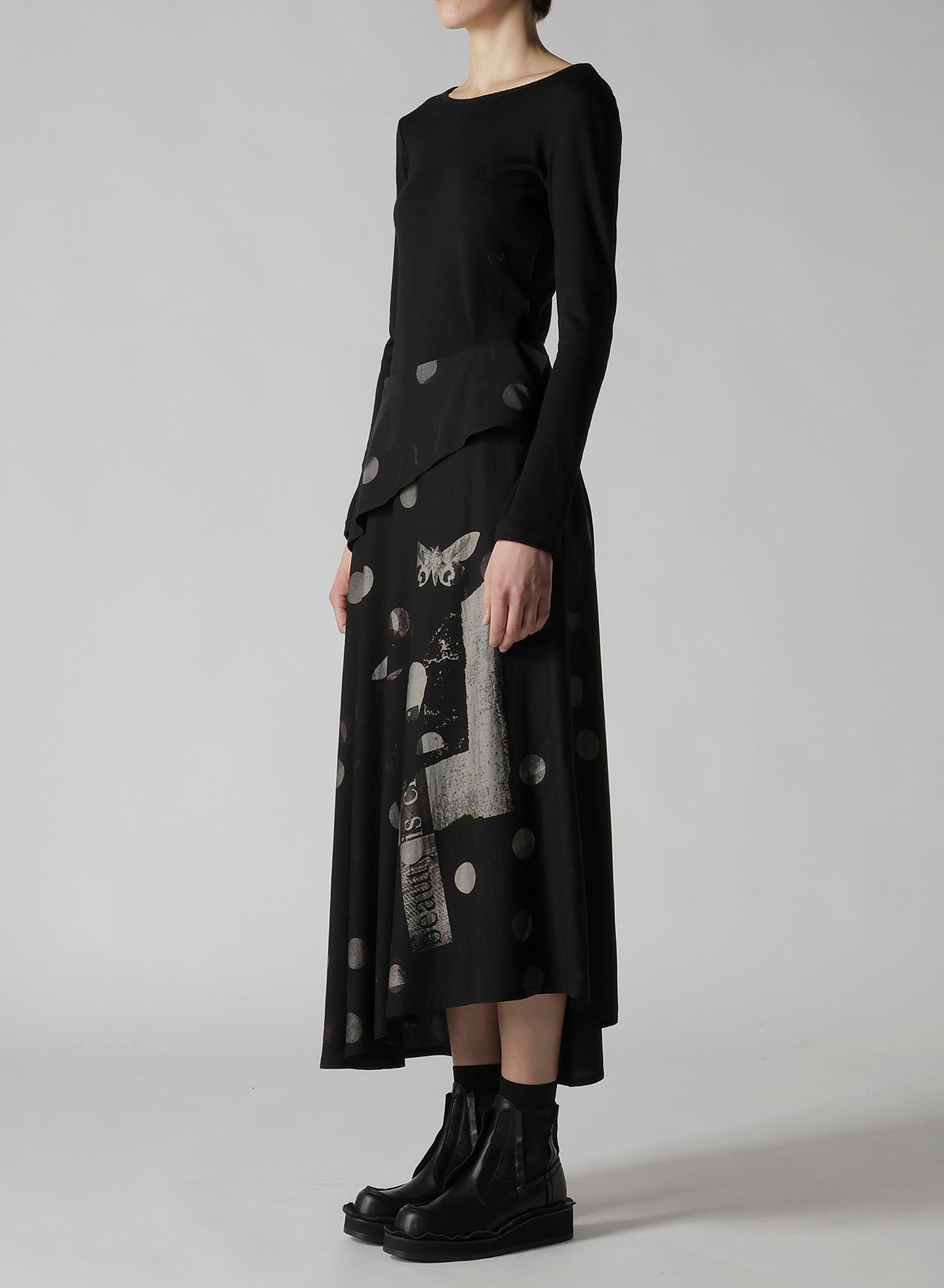 BUTTERFLY-PRINT DUNGAREE TWILL ASYMMETRIC LONG SKIRT