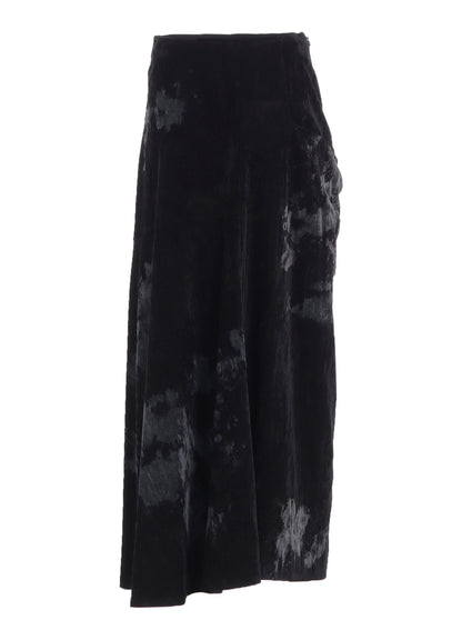 DISCHARGE-PRINTED VELVET SIDE DRAPE SKIRT