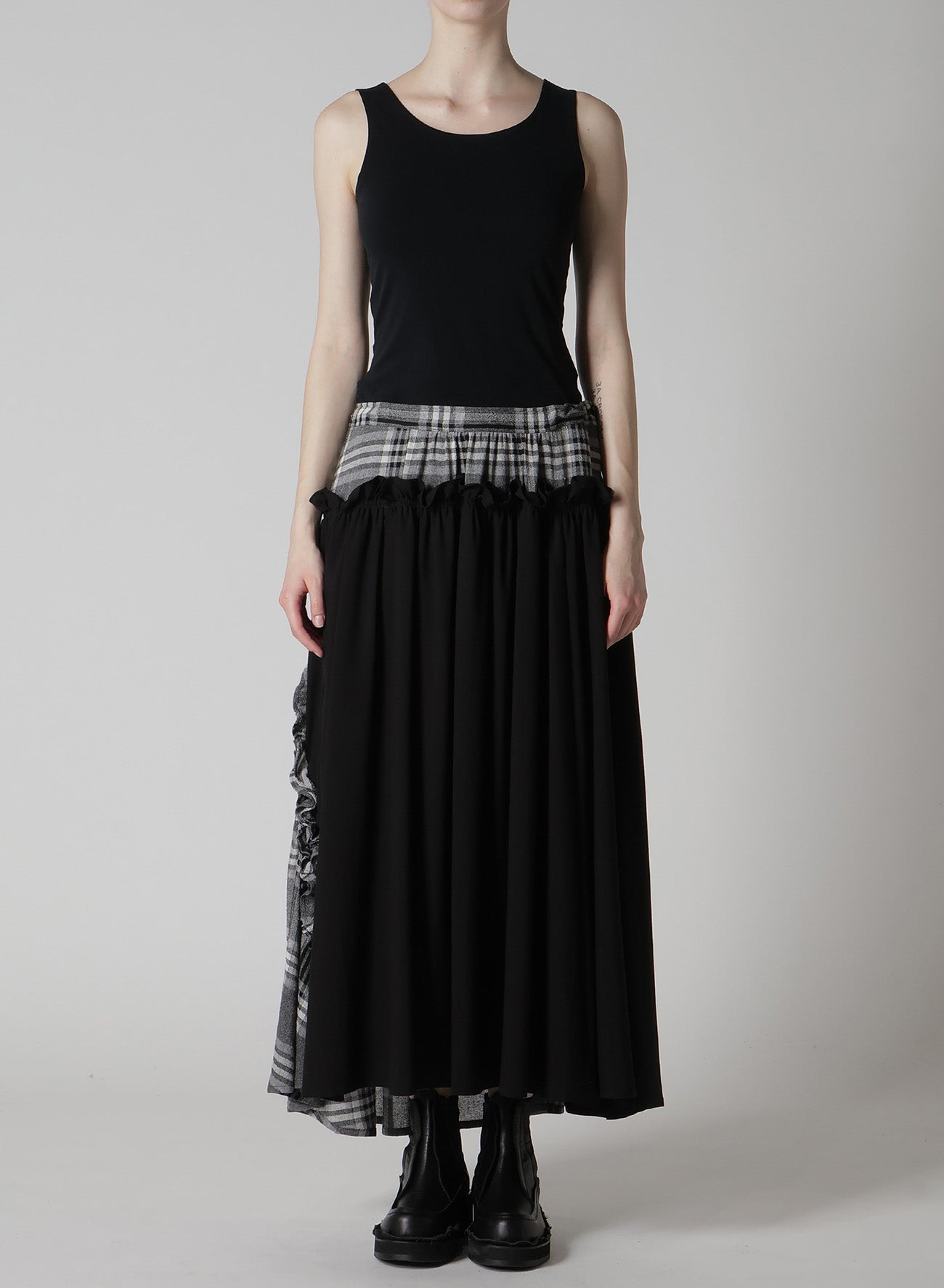 GAUZE PLAID FRILL GATHER SKIRT