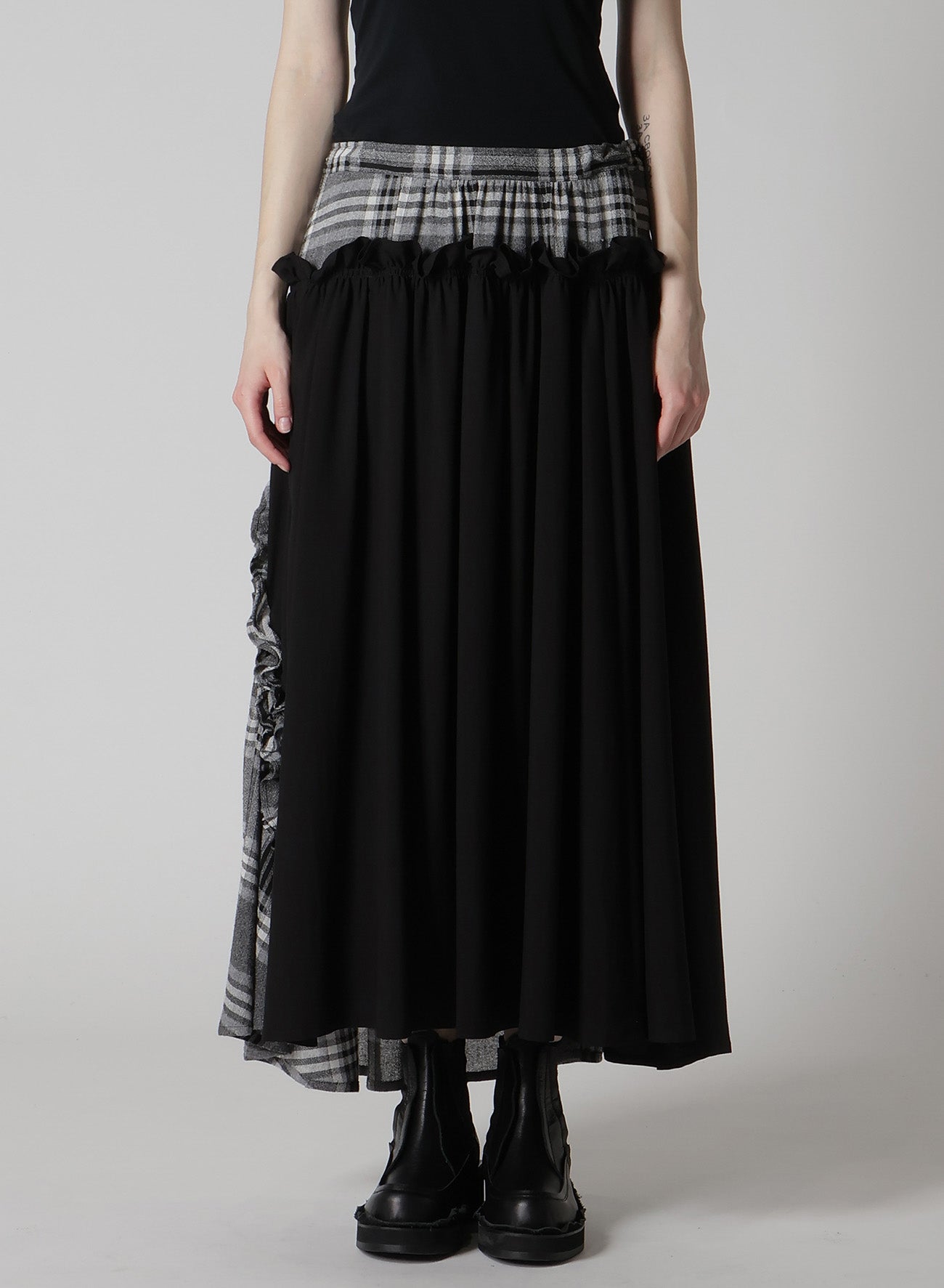 GAUZE PLAID FRILL GATHER SKIRT