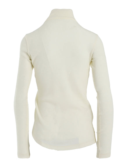 RIB/DENIM COMBINATION HIGH NECK T WITH GATHERS