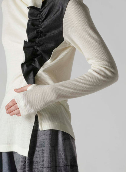 RIB/DENIM COMBINATION HIGH NECK T WITH GATHERS
