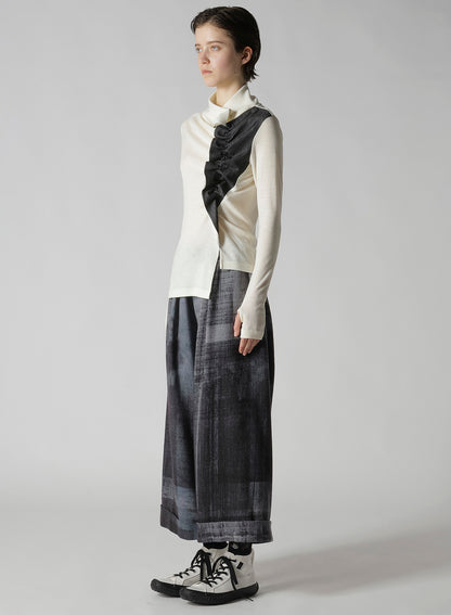RIB/DENIM COMBINATION HIGH NECK T WITH GATHERS