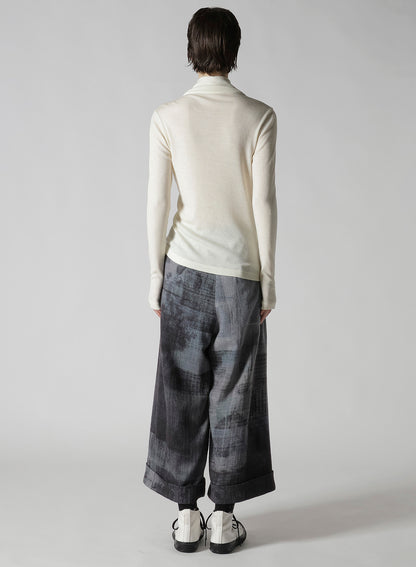 RIB/DENIM COMBINATION HIGH NECK T WITH GATHERS