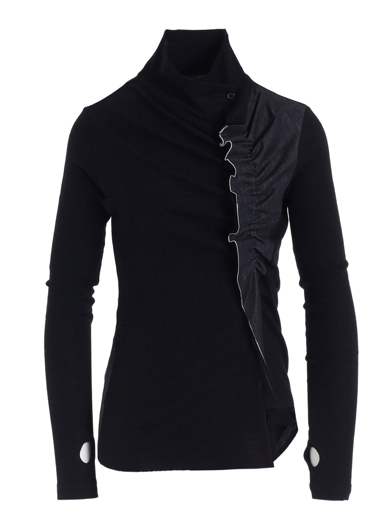 RIB/DENIM COMBINATION HIGH NECK T WITH GATHERS