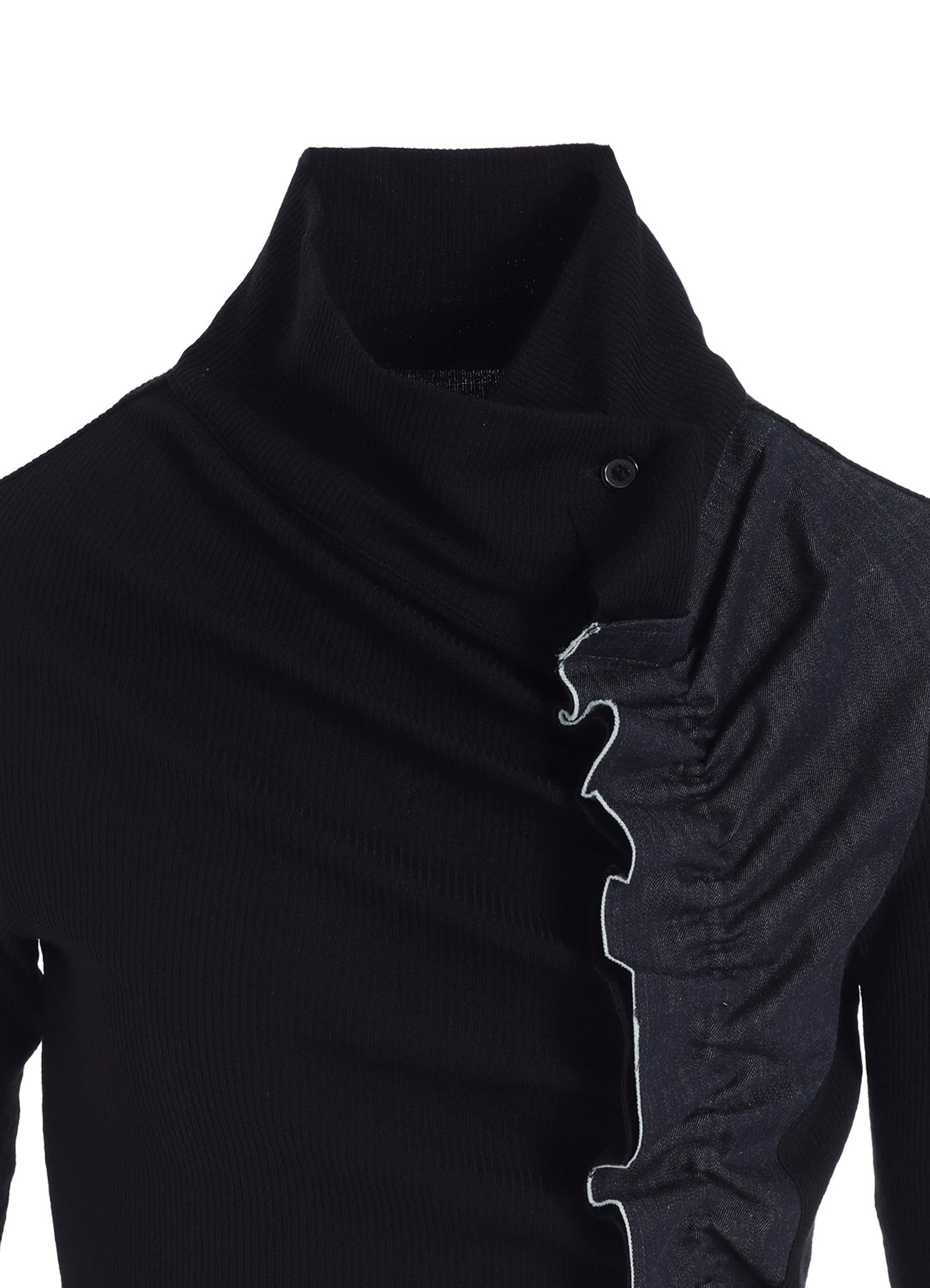 RIB/DENIM COMBINATION HIGH NECK T WITH GATHERS