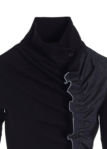 RIB/DENIM COMBINATION HIGH NECK T WITH GATHERS