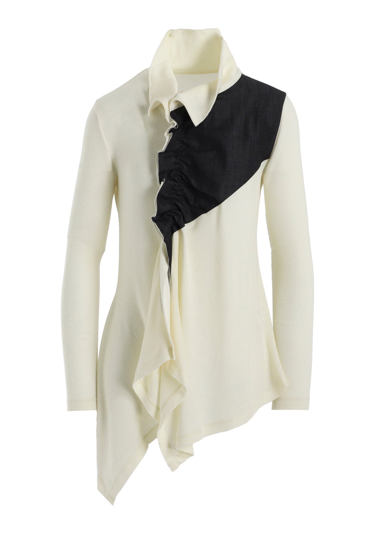 RIB/DENIM COMBINATION FLARE T WITH GATHERS